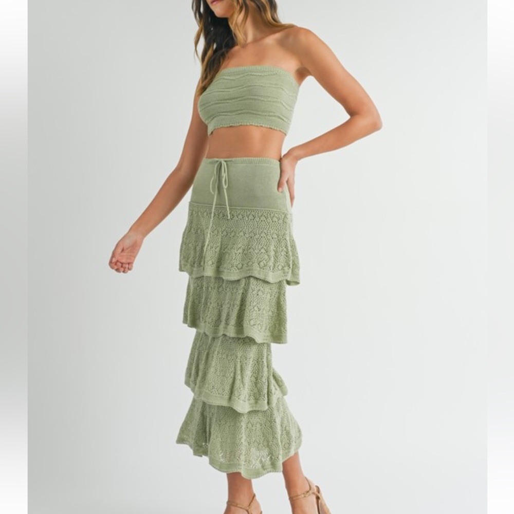 Green Knit Maxi Skirt & Bandeau Top Set